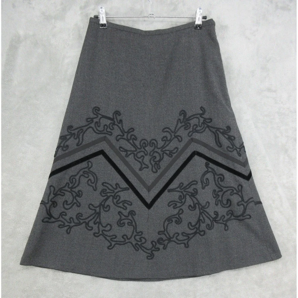 Ann Taylor LOFT Skirt Womens Size 0 Wool Blend Embroidered Velvet Trim Office